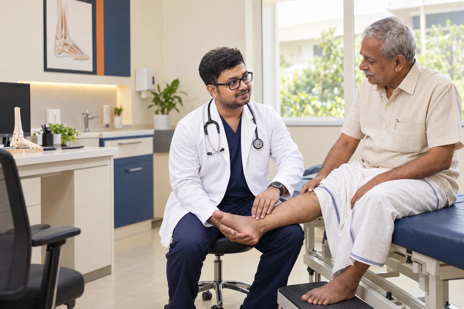 Older South Indian patient discussing mobility and foot care with a clinician