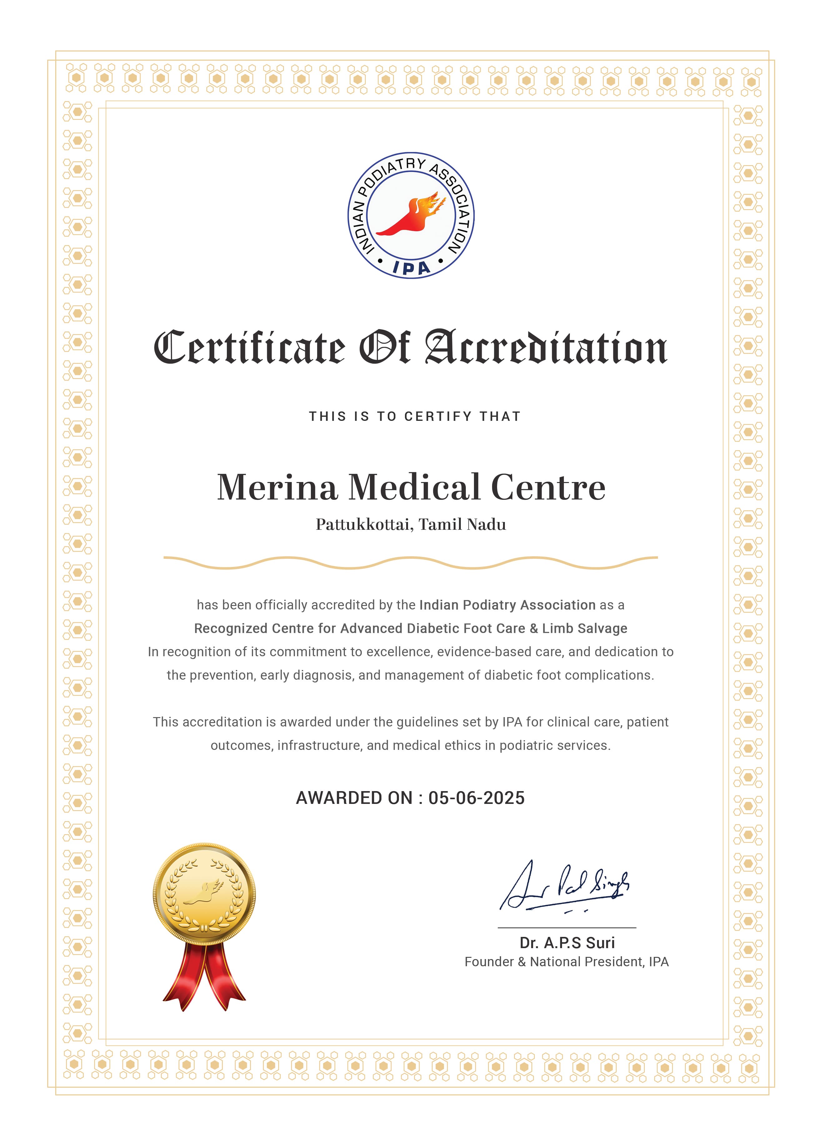 Indian Podiatry Association accreditation certificate for Merina Medical Centre