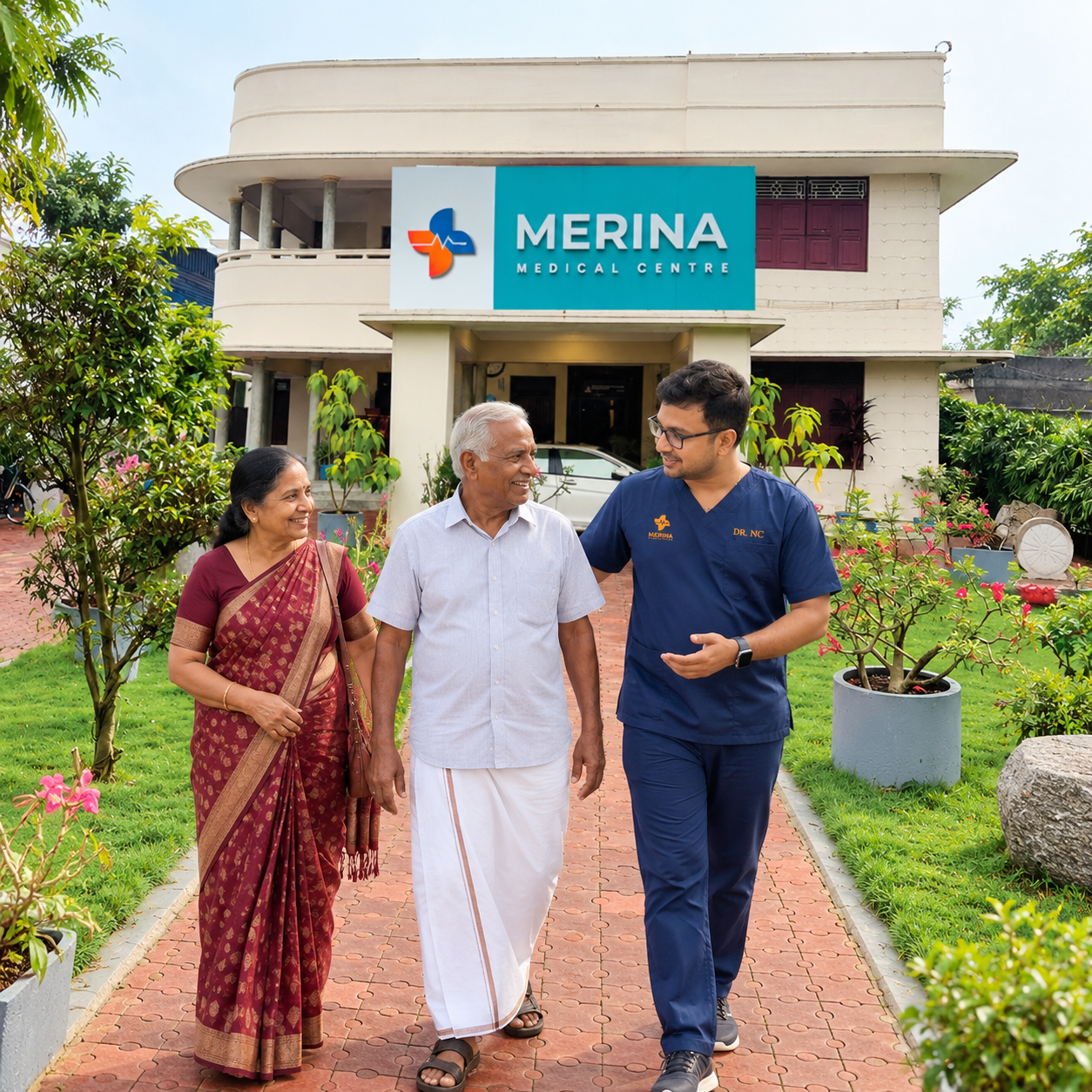 Dr. Nirupan walking with an elderly couple outside Merina Medical Centre